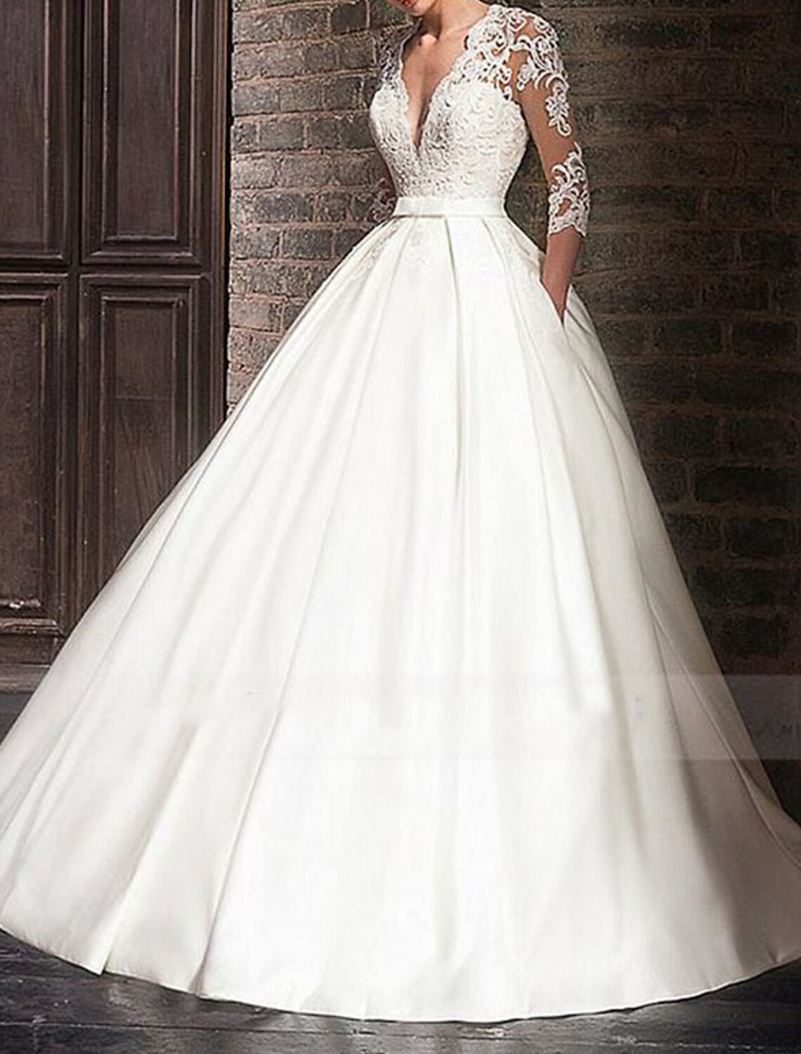 Buyishang Engagement Formal Wedding Dresses Ball Gown V Neck 3/4 Length Sleeve Floor Length Satin Bridal Gowns With Appliques